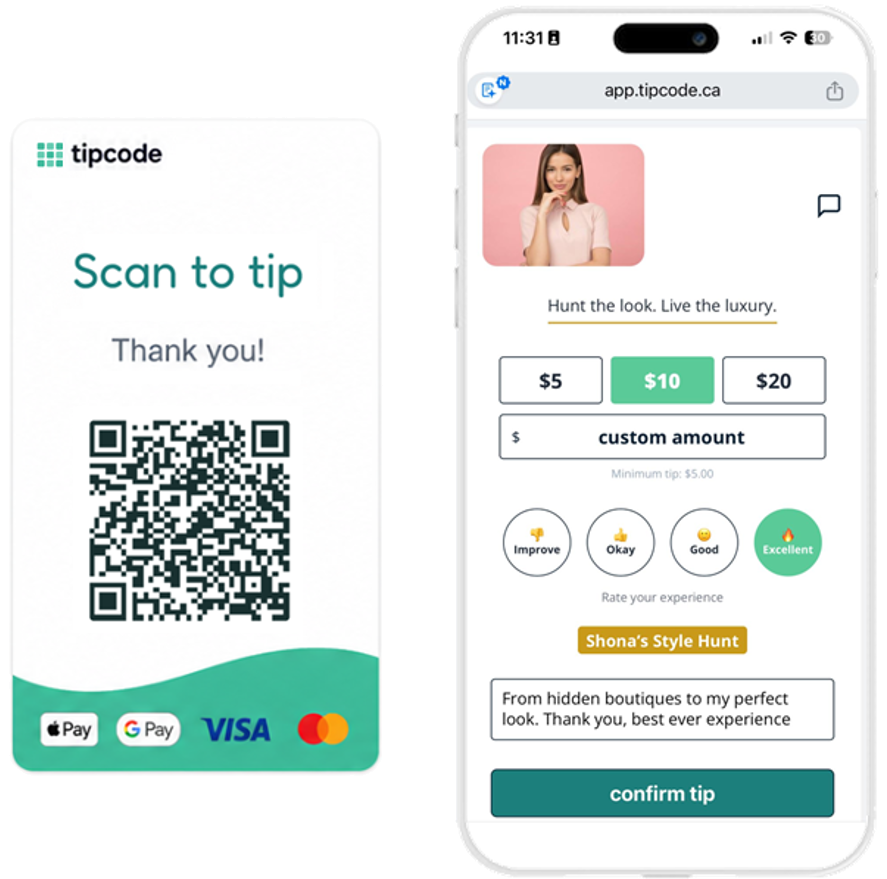 Tipcode mock showing QR card and tipping phone